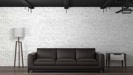 Brown leather sofa in front of a white brick wall 3d illustration furniture set,Floor lamp,Cabinet,wooden floor home