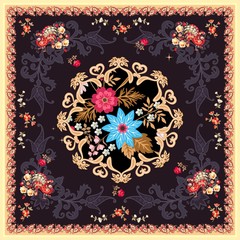 Wall Mural - Square silk scarf in indian style with mandala, paisley, flowers and fairy birds on black background. Vector summer design. Ethnic motives. Tea box package, greeting or invitation card.