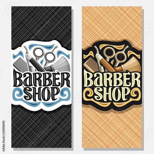 Vector Vertical Banners For Barber Shop Logo With Professional Beauty Accessories Original Brush Typeface For Words Barber Shop Elegant Flyers For Barbershop Salon With Abstract Background For Text Buy This Stock