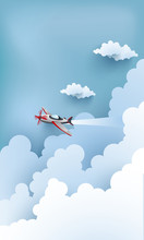 Illustration Of An Airplane Over A Clouds And Mountains.