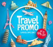 Travel promo vector banner promotion design with tourist destinations elements and discount text in blue background for travel agency template. Vector illustration.
