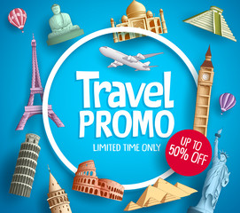 Wall Mural - travel promo vector banner promotion design with tourist destinations elements and discount text in 