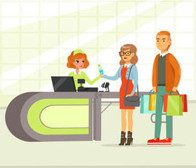 Canvas Print - Woman cashier and young couple paying for purchases, people shopping in supermarket vector Illustration