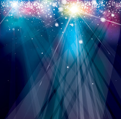 Wall Mural - vector holiday,blue, sparkle background with rays, lights and stars.
