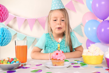 little girl blowing out candle on birthday cupcake at home