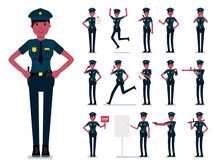 Policewoman Character Vector Design. Female African Police Officer. Vector Cartoon Flat Design Illustration Isolated On White Background.