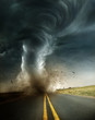 A powerful supercell storm producing a destructive tornado touching down on an isolated country road. Mixed media illustration.