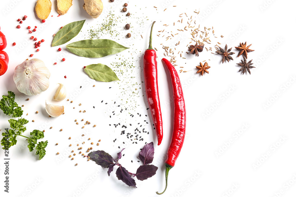 Composition with various spices on white background