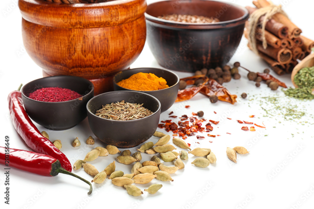 Variety of spices on white background