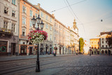 Fototapeta Miasto - lantern on Market square in Lviv, Ukraine
