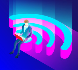 Wall Mural - blue wifi background with man with laptop.