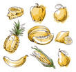 Assortment of yellow foods, fruit and vegtables, vector sketch
