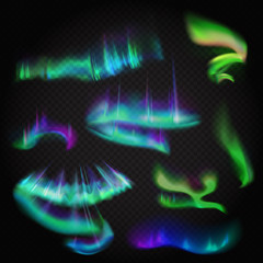 realistic vector northern lights set. amazing aurora borealis night polar sky on alpha stransparent 