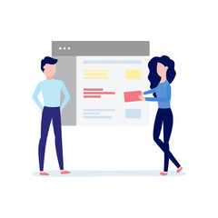 Wall Mural - Using mobile application concept with young characters standing near big tablet or pc screen adding information to app isolated on white background. Flat vector illustration.