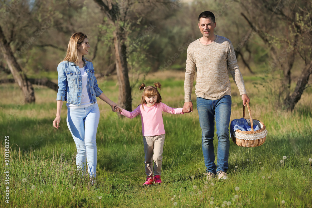 Happy family going on picnic in park