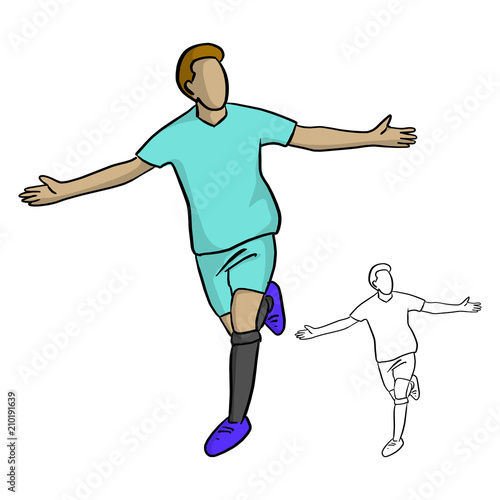 Male Soccer Player With Blue Jersey Celebrating After Shooting Ball Into The Goal Vector Illustration Sketch Doodle Hand Drawn With Black Lines Isolated On White Background Stock Vector Adobe Stock