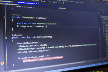 software development c-sharp (c#, .net) code. abstract information technology modern background. dev