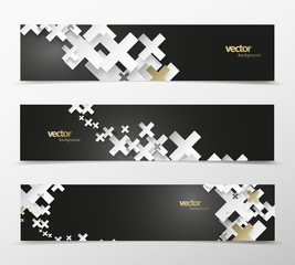 Wall Mural - set of abstract black and white plus signs with golden decoration web headers.