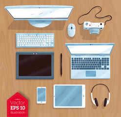 Wall Mural - Top view vector illustration set of digital devices