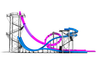 Modern two purple and dark blue water slides for the water park on the side 3d render on a white background with shadow