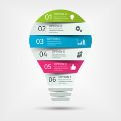 Wall Mural - Modern colorful light bulb infographics. Business startup idea lamp concept with 6 options, parts, steps or processes. Template for presentation, chart, graph. Vector illustration.