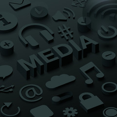 Wall Mural - black 3d media background with web symbols.