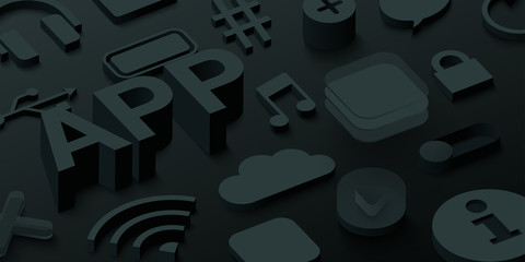 Wall Mural - black 3d app background with web symbols.