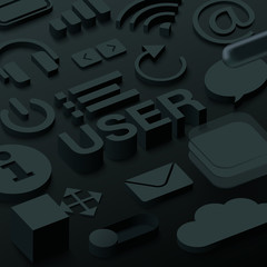 Wall Mural - black 3d user background with web symbols.