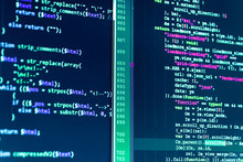 Vivid Colors. Website Design. Developer Occupation Work Photo. Screen Of Web Developing Javascript Code. Coding Hacker Concept. IT Business Company. Screenshot With Random Parts Of Program Code.