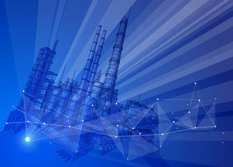 modern chemical manufacturing plant on a blue technological background with a stylized digital wave 