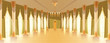 Ballroom or royal hall vector illustration of entrance door view. Cartoon palace room or chamber with candle chandelier and golden or marble pillar columns and windows with light reflection on floor