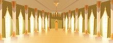 Ballroom Or Royal Hall Vector Illustration Of Entrance Door View. Cartoon Palace Room Or Chamber With Candle Chandelier And Golden Or Marble Pillar Columns And Windows With Light Reflection On Floor