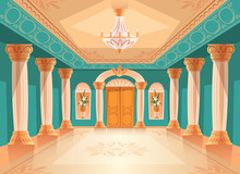 Ballroom Or Palace Reception Hall Vector Illustration Of Luxury Museum Or Chamber Room. Cartoon Royal Blue Interior Background With Chandelier, Vases And Decoration On Ceiling, Walls And Columns