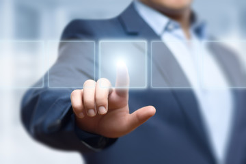 Wall Mural - businessman pressing button. innovation technology internet business concept. space for text