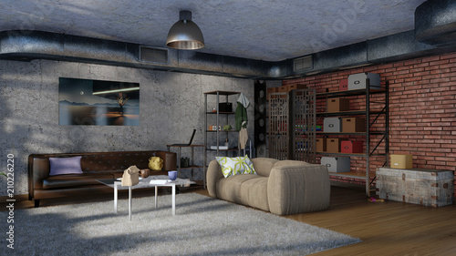 Simple Urban Living Room Interior With Sofas Brick Wall