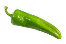 Green Vegetables. Organic Fresh Long Green Peppers Or Green Chilli Horizontal Isolated On White Background, With Clipping Path.