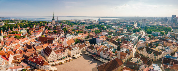 Wall Mural - Amazing aerial view of the Tallinn old town with many old houses sea and castle on the horizon.