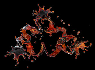 Alcohol, cola, coffee liquid splashes with droplets isolated. 3D illustration