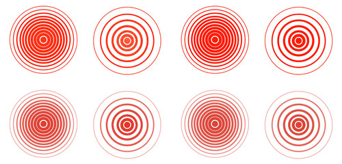 Set of red pain rings. Symbol of growing physical pain, suffering and body disorder, distress, injury, illness. Vector flat style cartoon illustration isolated on white background