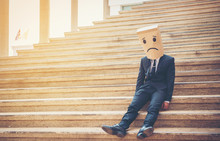 Businessman Masked Stress On The Company Stairs.