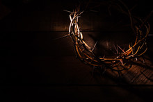 An Authentic Crown Of Thorns On A Wooden Background. Easter Theme