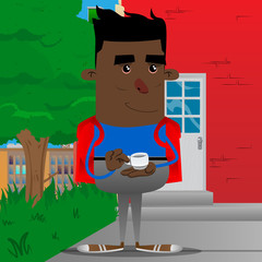 Schoolboy holding a cup of coffee. Vector cartoon character illustration.