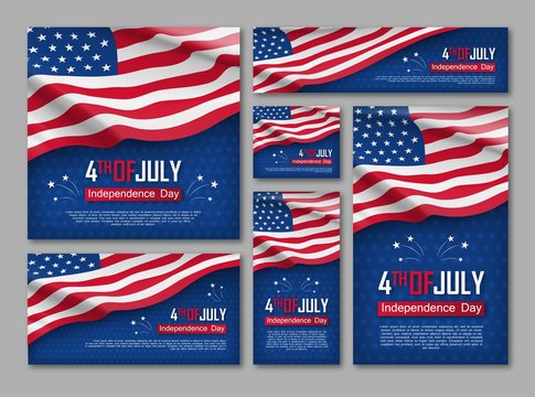 independence day celebration banners set. 4th of july felicitation greeting cards with waving americ