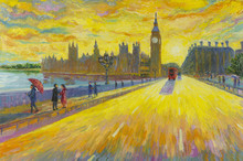  London Red Bus Traditional Old At England. Oil Color Painting
