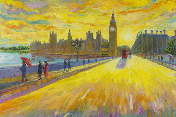  London Red Bus traditional old at England. Oil color painting