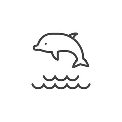 Wall Mural - Dolphin jumping in the water outline icon. linear style sign for mobile concept and web design. Playing dolphin in ocean waves simple line vector icon. Symbol, logo illustration. Pixel perfect vector