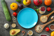 © Pixel-Shot - Composition with various healthy products and plate on grey background
