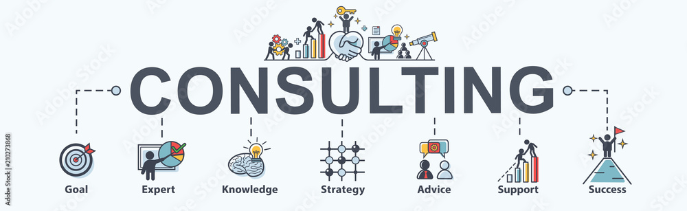 Consulting banner web icon for business, goal, planing, Advice, expert, strategy, support and success. Minimal vector infographic. - obrazy, fototapety, plakaty 