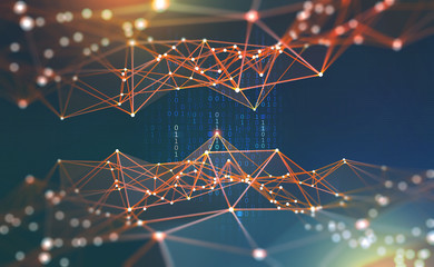 Fototapete - Global network. Blockchain 3D illustration. Neural networks and artificial intelligence. Concept of cyberspace. Abstract technological background with binary code elements