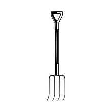Hand Rural Fork Monochrome Silhouette - Gardening And Farming Tool To Lift And Pitch Or Throw Loose Material Isolated On White Background. Agricultural Pitchfork In Vector Illustration.